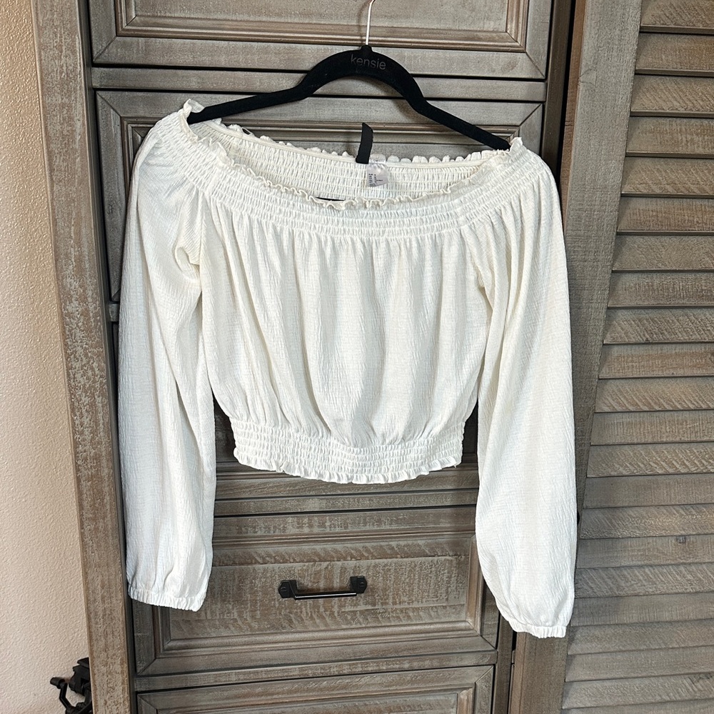 Divided Cream Off-Shoulder Smocked Waist Blouse